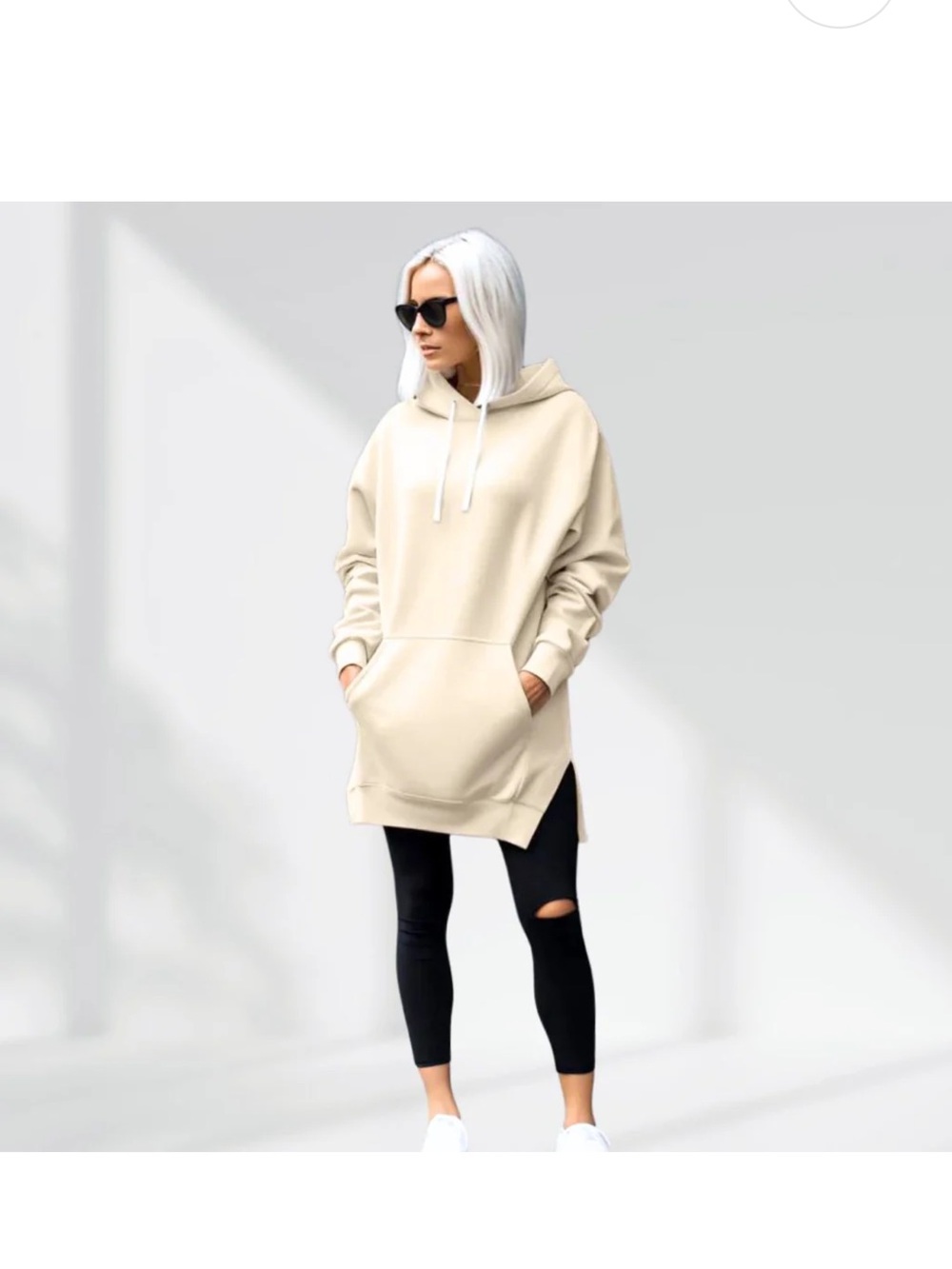 The Warmy Relaxed Cream Hooded Pullover with Side Slits